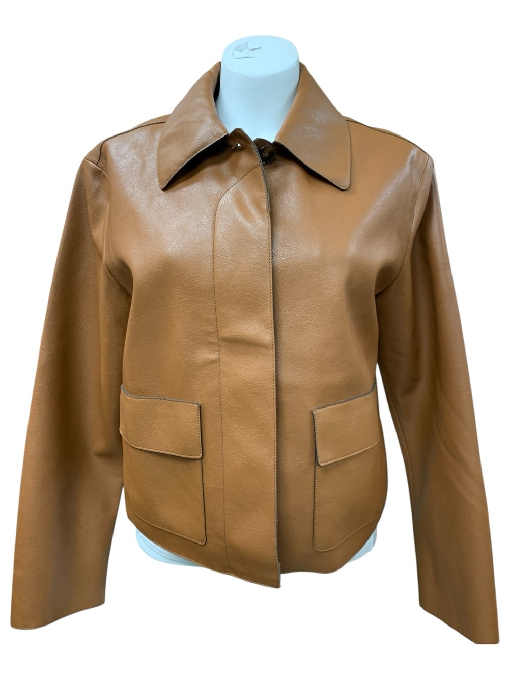 Women's Tan Leather Button-Front Jacket